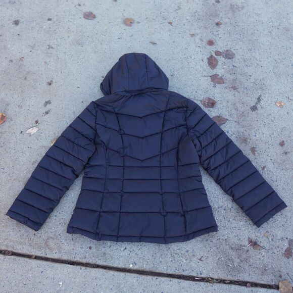 Calvin Klein Black Puffer Coat Women's L Faux Fur Hood Water Resistant - Picture 2 of 12